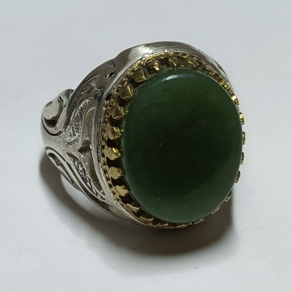 انگشتر نقره مردانه سر برنجی با کیفیت نگین یشم زیبا  کد 428