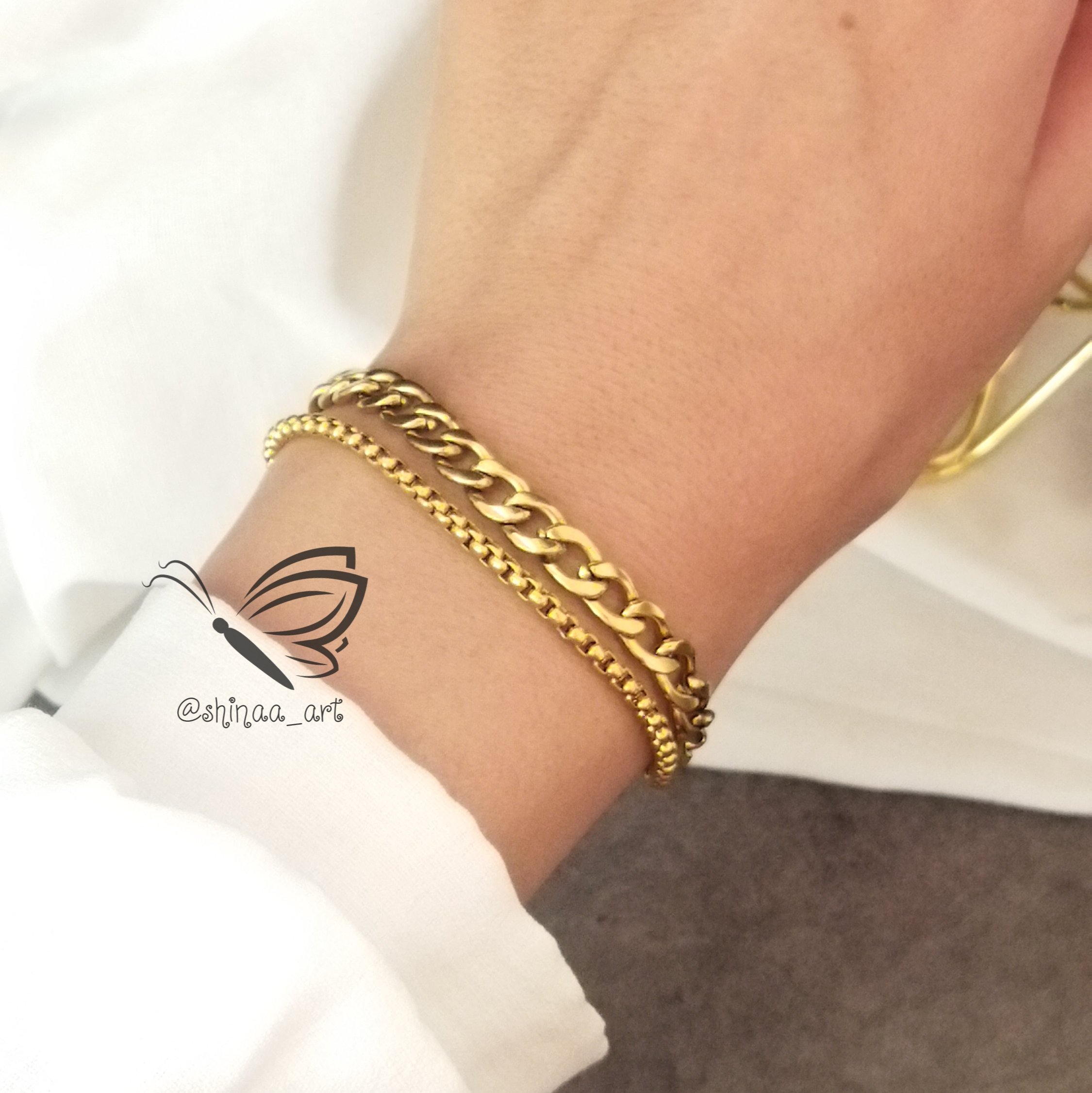 دستبند زنانه دو رج با زنجیر کارتیه و زنجیر رولو استیل 