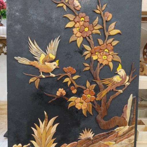 تابلوی شاهکار گل و مرغ معرقکاری چوبی