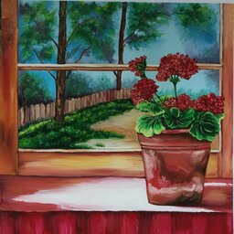 تابلوی نقاشی رنگ روغن شمعدانی کنار پنجره 