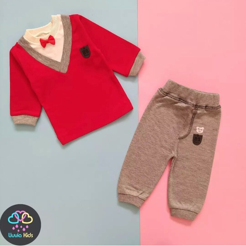 لباس نوزاد ست دو تیکه پاپیون قرمز مناسب برای 0-1 سال دارای سایزبندی