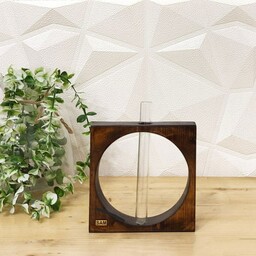 گلدان  مربع چوبی با  جای شاخه گل شیشه ای 