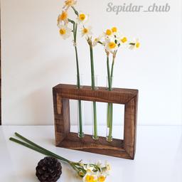 قاب باکس گلدان چوبی دیواری با 2 لوله شیشه ای ظرف گیاه 