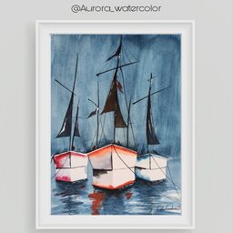 تابلو نقاشی آبرنگی قایق های سفید در دریای لاجوردی 
