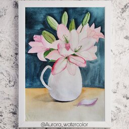 تابلو نقاشی گلدان گل لیلیوم تکنیک آبرنگ