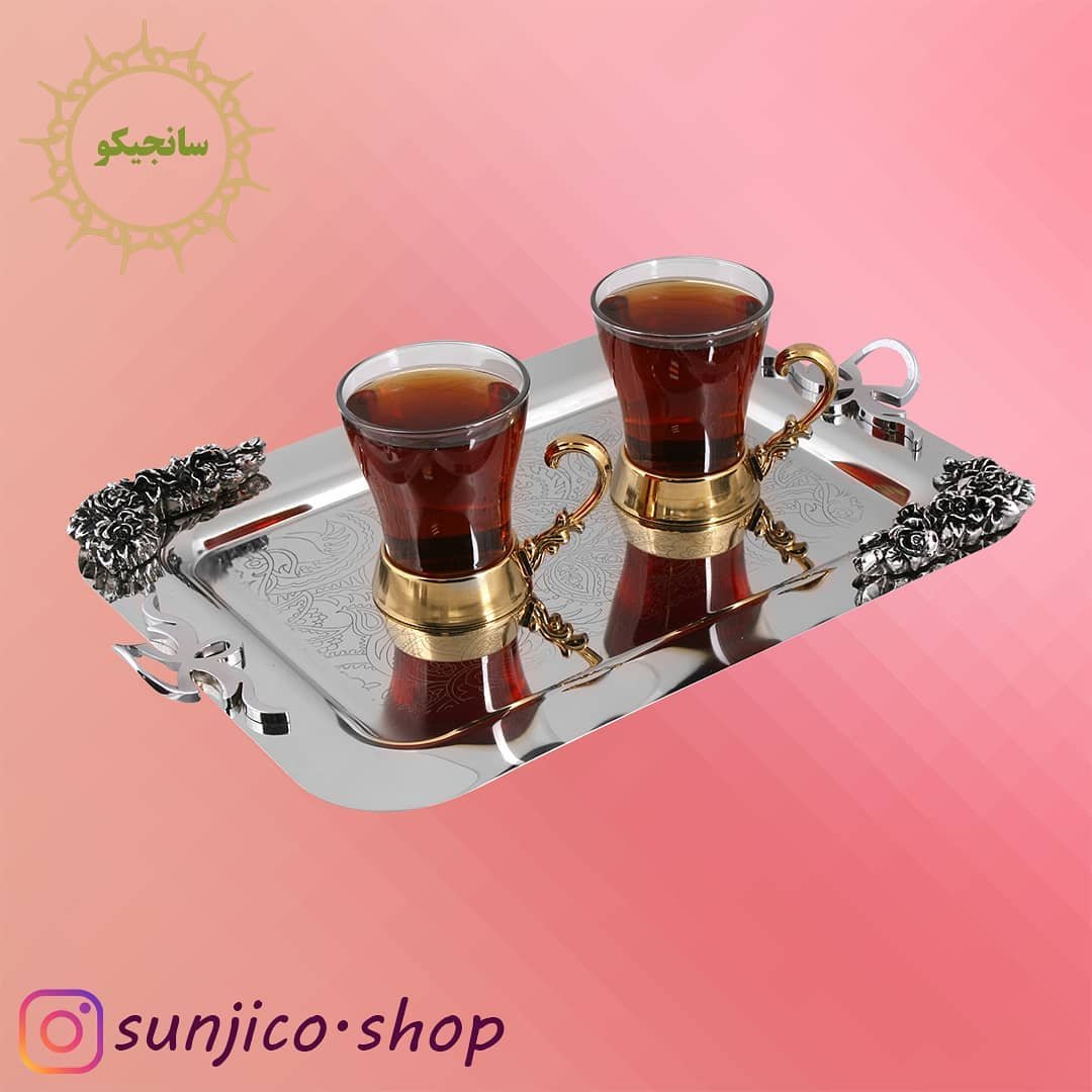 سینی پذیرایی استیل طرح دسته پاپیونی گلدار (گل رز) کوچک