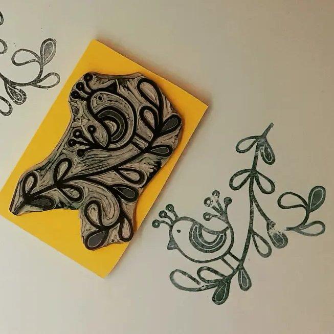 مهر دستساز لینولئوم ،طرح پرنده و شاخه و برگ ،قابل چاپ برروی کاغذ، 