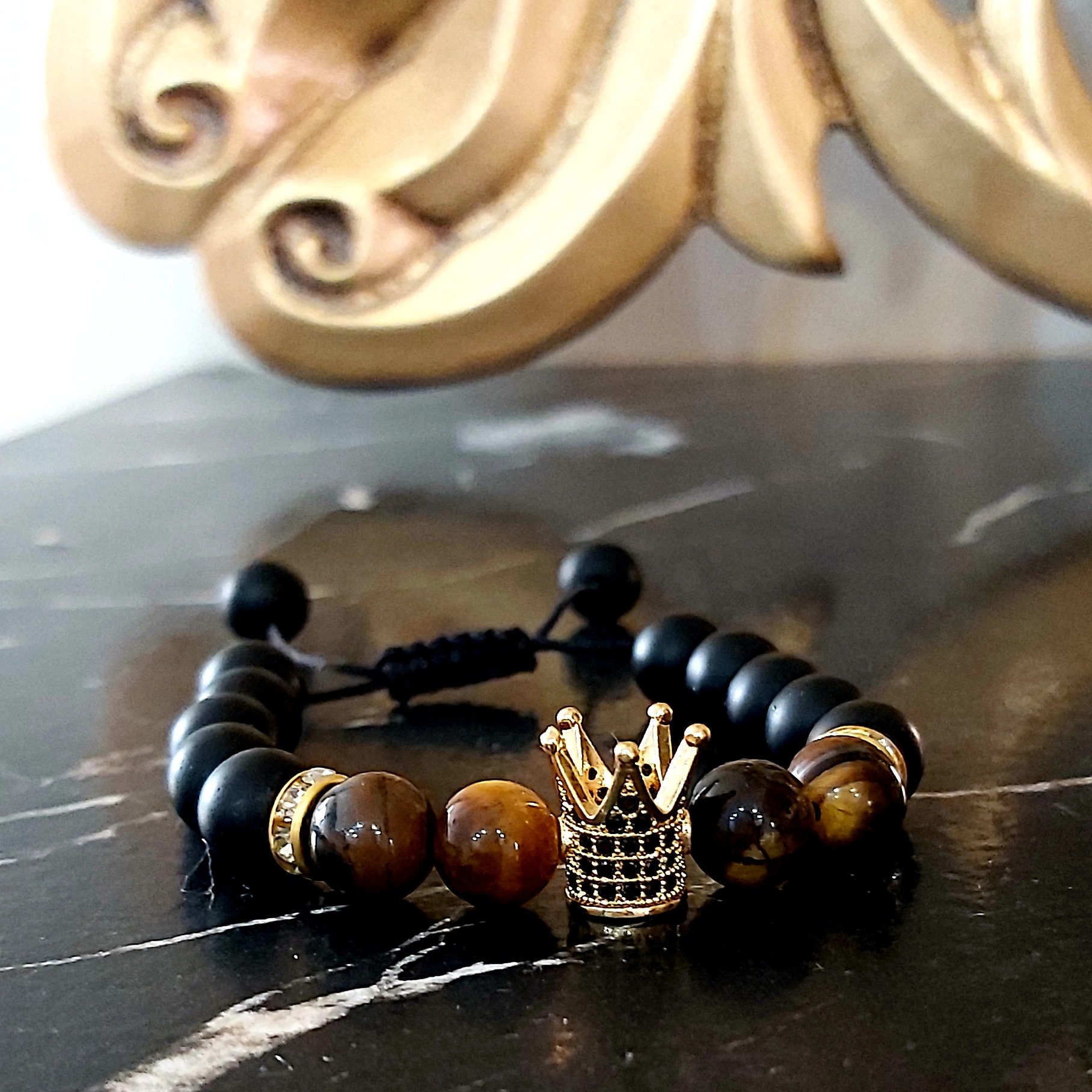 دستبند مردانه اونیکس و سنگ چشم ببر و گوی سوارسکی اکسسوری پسرانه اسپرت