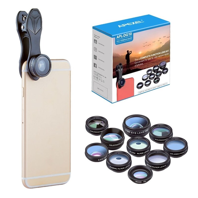 
ست 10 عددی لنز موبایل APL-DG10 برند اپکسل Apexel 10 in 1 lens kit external tele