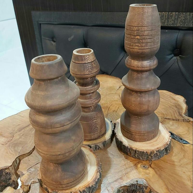 شمعدانی های 3تایی چوبی خراطی چوب راش و دست ساز رنگ طبیعی چوب