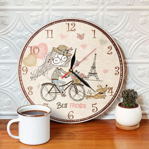 ساعت دیواری کودک دایره ای مدل 1313 طرح دختر دوچرخه سوار و برج ایفل پاریس قطر 30