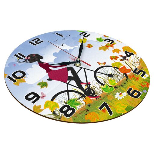 ساعت دیواری گرد مدل 1257 طرح دختر دوچرخه سوار و برگ ریزان پاییز قطر 30 سانتیمتر