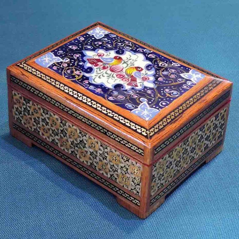 جعبه جواهر - خاتم کاری اصل اصفهان - روی درب طرح  پرنده