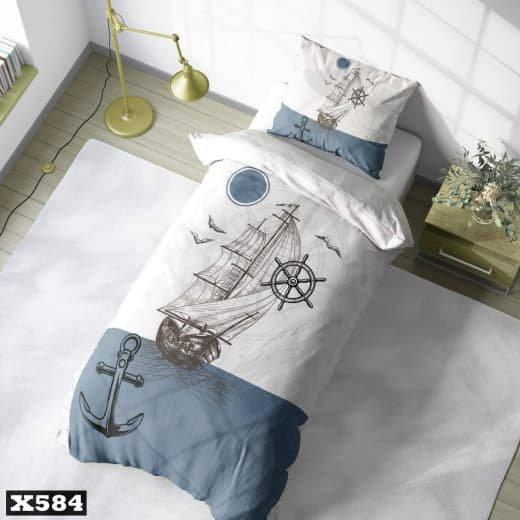 سرویس روتختی یک نفره میکروتترون سه بعدی طرح کشتی و لنگر با زمینه سفید آبی مناسب کودک و نوجوان