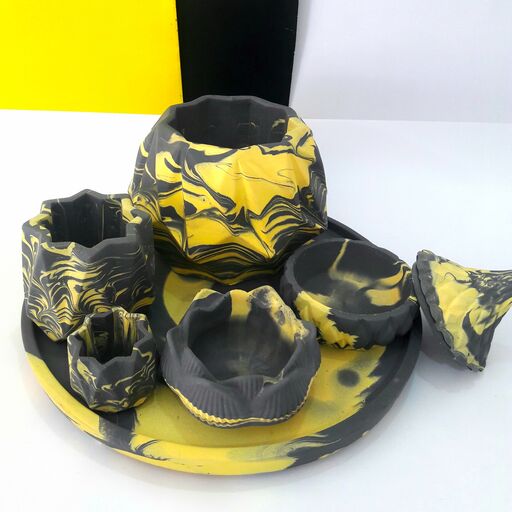 سنگ مصنوعی ست 6 تکه گلدان و قندون همراه زیر سینی رنگ زرد مشکی