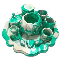 سنگ مصنوعی 10 تکه شامل گلدان جاقلمی سینی جاشمعی قندون  رنگ سبز سفید