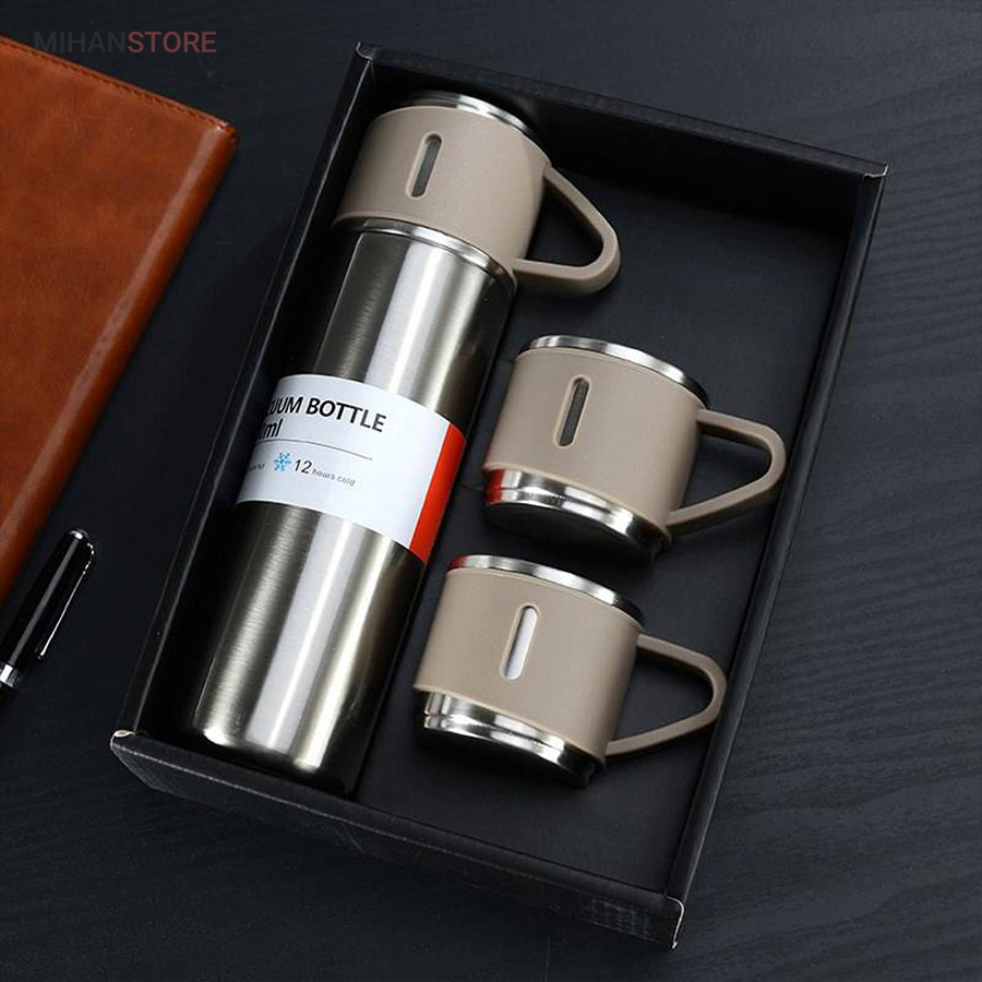 فلاسک مدل کادویی VACUUM FLASK SET گنجایش 0.5 لیتر به همراه لیوان مجموعه 3 عددی (استیل)