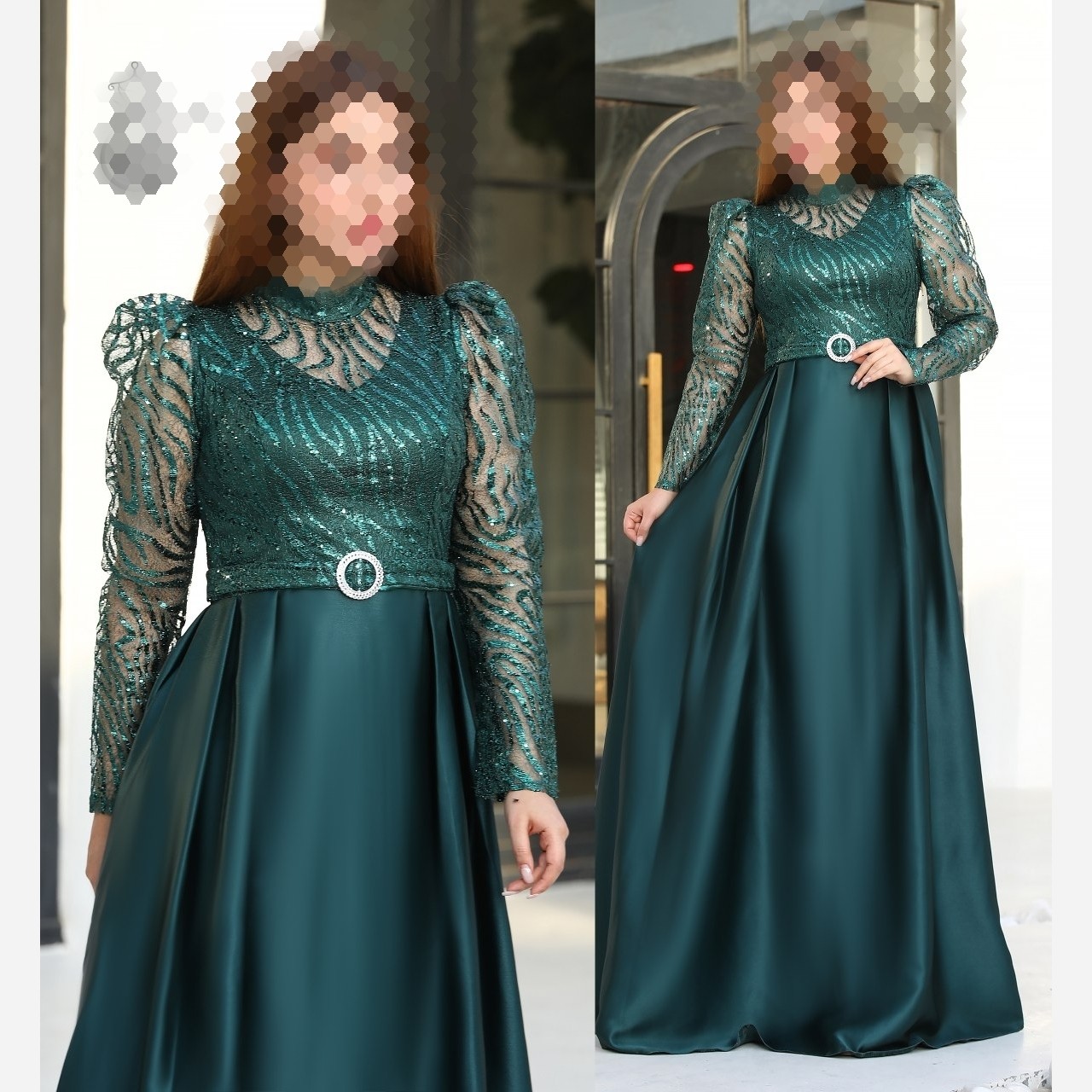 لباس مجلسی زنانه و دخترانه گیتی، شیک و جدید، دانتل شاین پولکی با دامن ساتن امریکایی