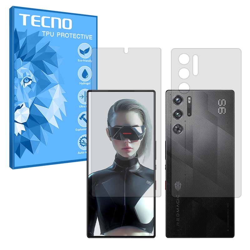 گلس رد مجیک 9S پرو مدل شفاف هیدروژلی به همراه محافظ پشت گوشی (گلس ZTE Red Magic 9S Pro براق) برند تکنو