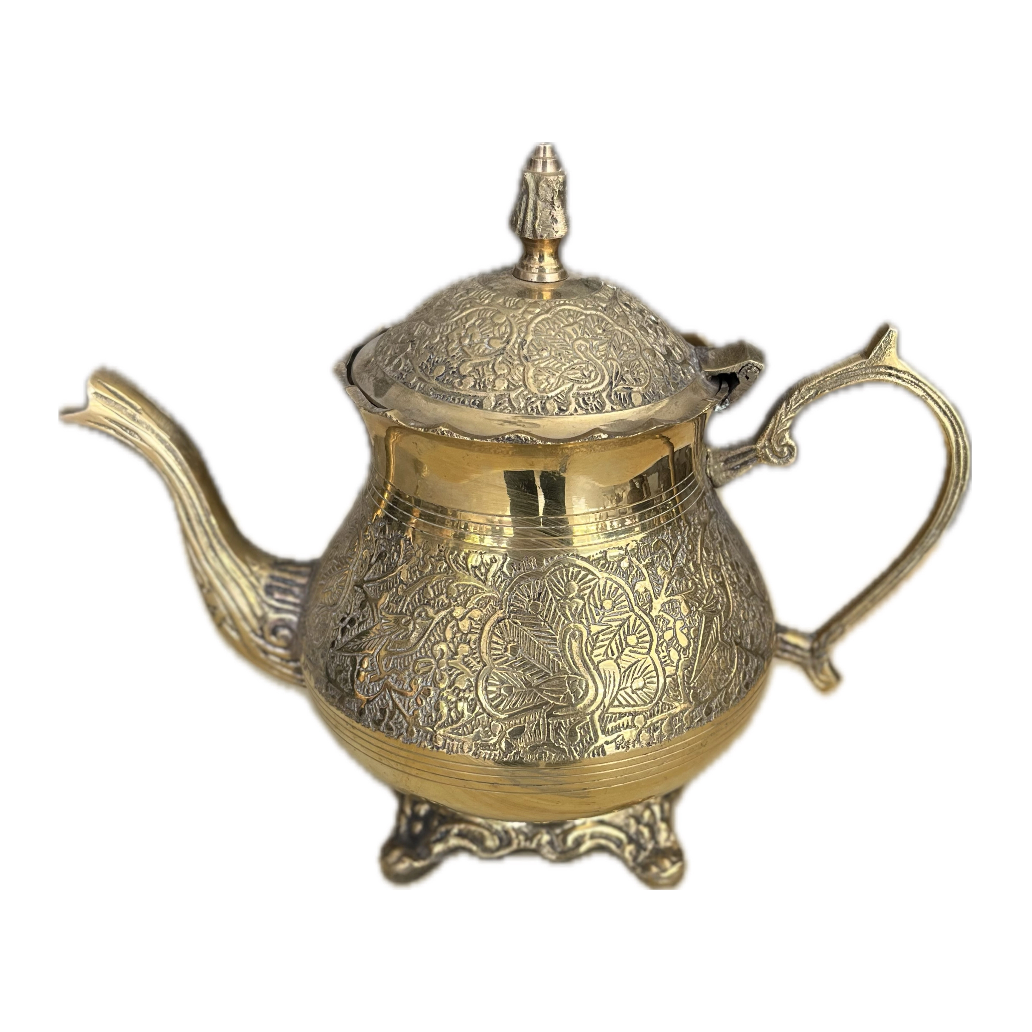 قوری برنجی تمام پایه طرح طاووس 600cc لب خورشیدی هندی درجه 1