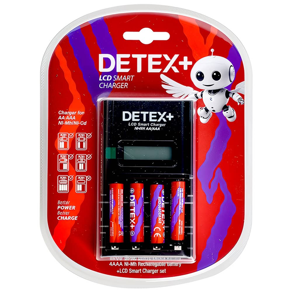 شارژر هوشمند باتری DETEX+ LCD همراه با 4 عدد باتری نیم قلمی