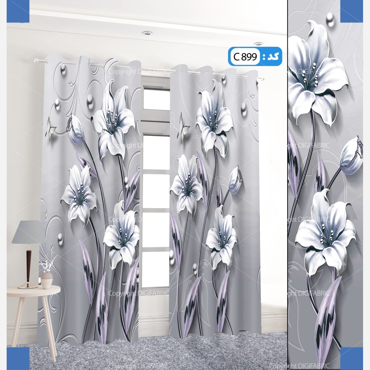 پرده چاپی آماده نصب طرح مدرن سه بعدی گل تزیینی کد 3389