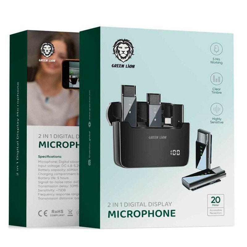 میکروفون یقه ای 2IN1 گرین لاین | بیسیم (لایتینگ) +اتصال با سیم (تایپ-سی)