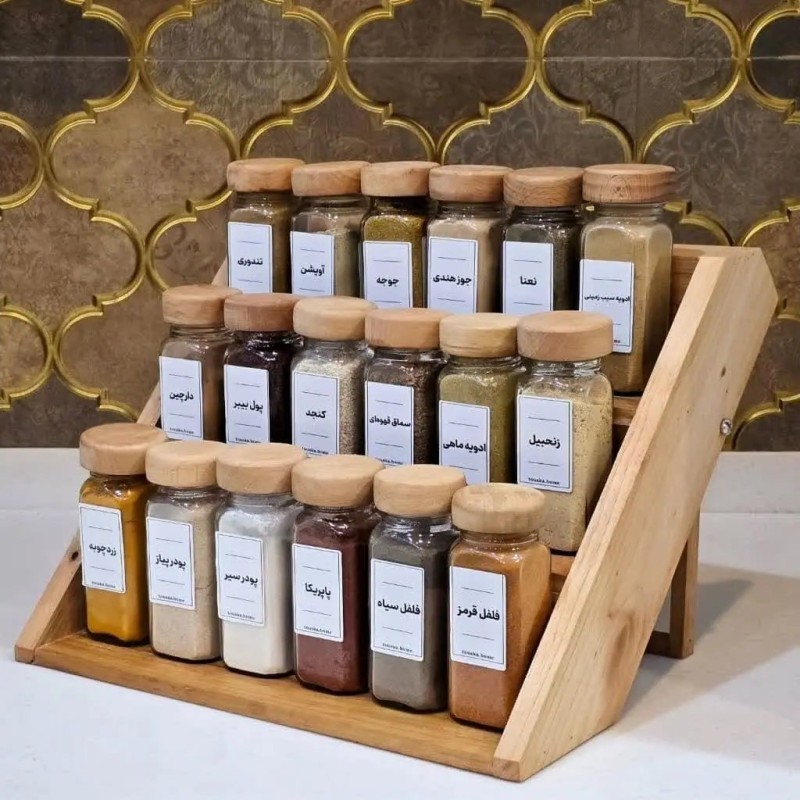 پک18تایی جاادویه مکارتی درب چوبی همراه با ادویه و استند چوبی رونیکا و لیبل وسرنمک پاش توسکا