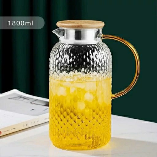 پارچ آب پیرکس 1/800 میلی لیتر تنگ آب دسته رنگی درب استیل طرح انگوری 