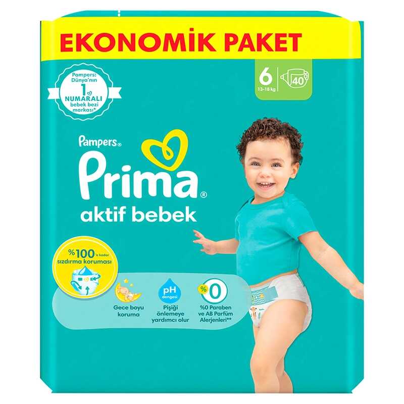 پوشک بچه پریما سایز 6 مدل Aktif Bebek بسته 40 عددی