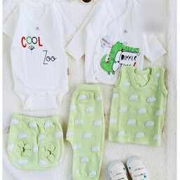ست لباس نوزادی پسرانه سرویس 5تیکه نوزادی سایز صفرتا6ماه جنس تمام پنبه رنگ سبز