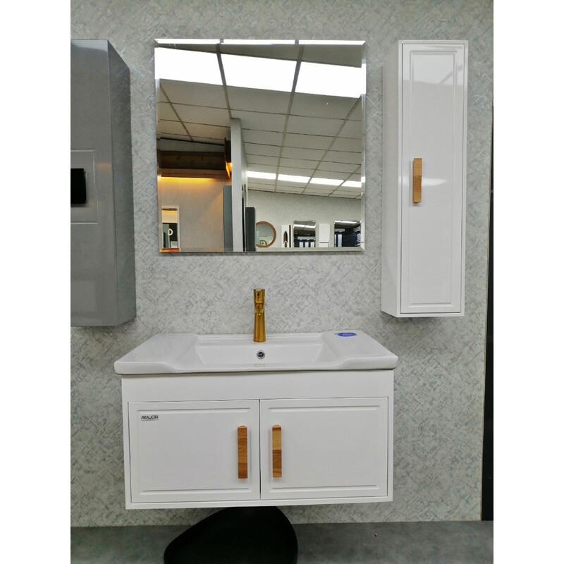 روشویی کابینتی طول 80 سفید به همراه آینه و باکس با دستگیره چوب فینگرجوینت