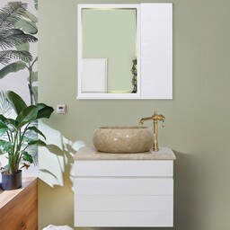 فول ست دیواری سفید با صفحه و سنگ طبیعی سیمکان مدل 4031 روشویی کابینتی سنگ آینه باکس 