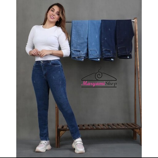 شلوار جین راسته زنانه فول کش  قد 100 رنگ بندی آبی 