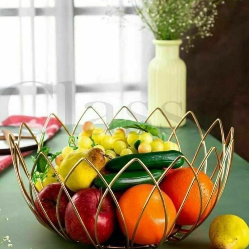 میوه خوری یا سبد میوه ی فلزی لاله به رنگ طلایی در سایز بزرگ و با کف چوبی