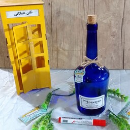 بطری آبی کبالتی دو پوست دست ساز فوتی مدل سارا با حجم یک لیتر و درب چوب پنبه وارداتی 