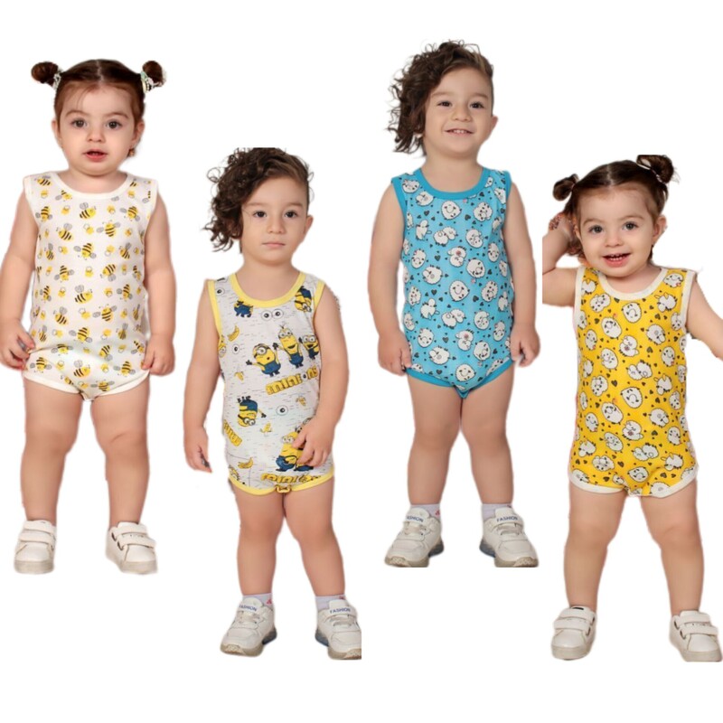 لباس نوزادی پسرانه دخترانه زیردکمه نوزادی پسرانه دخترانه رنگ زرد آبی سفید تمام چاپ بدو تولد تا دو سال 