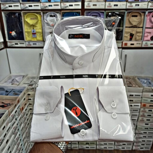 پیراهن سفید مردانه مجلسی یقه دیپلمات پارچه داکرون XXL، XL، L، M
