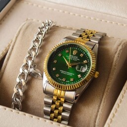 ساعت رولکس بنداستیل دورنگ صفحه سبز  همراه دستبند
