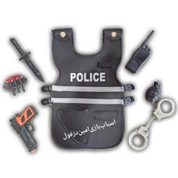 لباس پلیس جلیقه پلیس تفنگ اسباب بازی با وسایل ست پلیس و جلیقه یگان ،چاقو،لانچیکو،تیر،نارنجک،بیسیم،بی سیم،دستبند پلیس