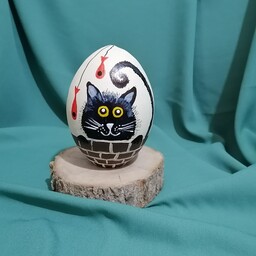 تخم شتر  مرغ سفالی با نقاشی گربه 