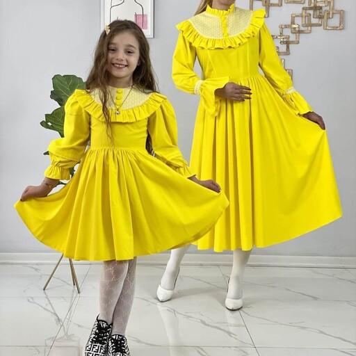 (لباس دختر) ست مادر و دختری لباس عروسکی شیک در 3 سایز و رنگبندی زرد و قرمز و آبی روشن و گلبهی جنس کرپ سیترون