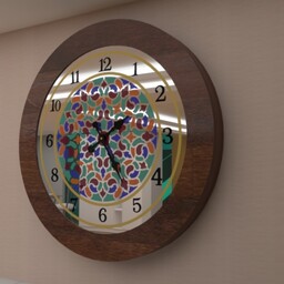 ساعت دیواری نقاشی پشت آیینه طرح گره اسلیمی شیشه رنگی