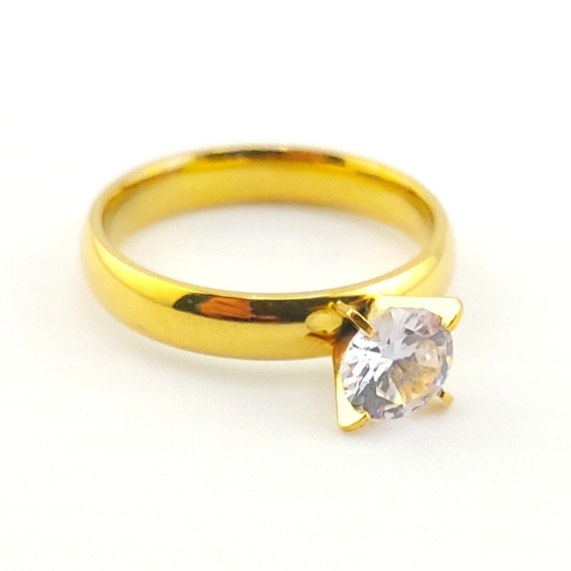 انگشتر استیل زنانه مدل حلقه الماسی رنگ طلایی براق ثابت