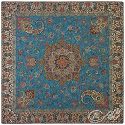 رومیزی ترمه سالاری یزد طرح بهارممتاز ابریشمی ـ مربع یک متر (بغچه) ـ آبی تارسفید