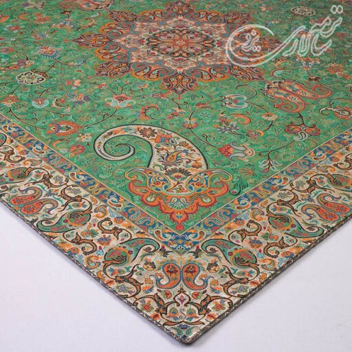 رومیزی ترمه سالاری یزد طرح بهارممتاز ابریشمی ـ مربع یک متر (بغچه) ـ سبز تارسفید