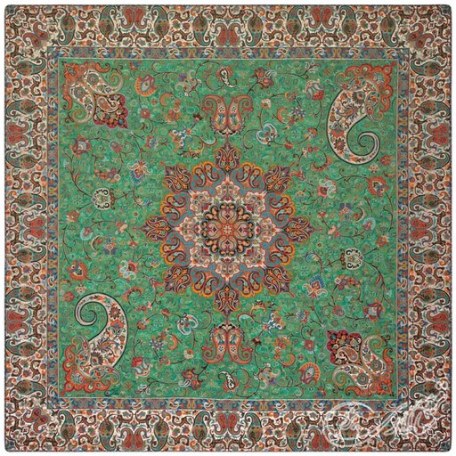 رومیزی ترمه سالاری یزد طرح بهارممتاز ابریشمی ـ مربع یک متر (بغچه) ـ سبز تارسفید