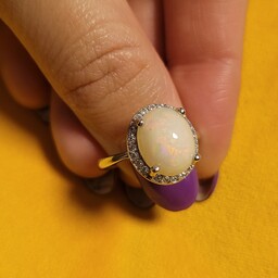 انگشتر نقره با سنگ اوپال سفید هفت رنگ اصل 