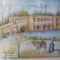 نگارگری بر سطح مقوای ماکت با قاب خاتم در ابعاد 18در22  نقاشی پل تاریخی سی  و سه پل اصفهان درقدیم
