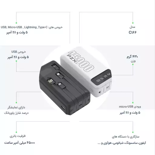 پاور بانک پی زد ایکس مدل C166 ظرفیت 45000 میلی آمپر ساعت






